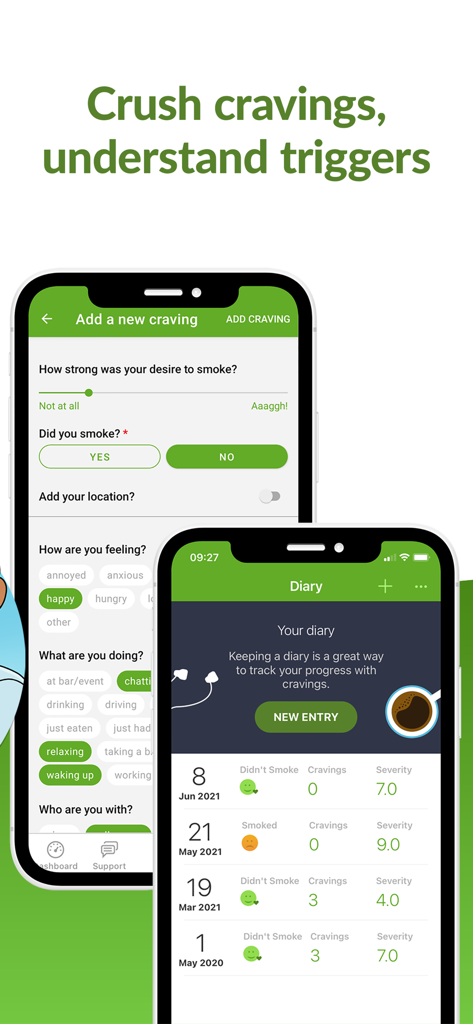 Smoke Free app craving tracker and smoking diary log screen