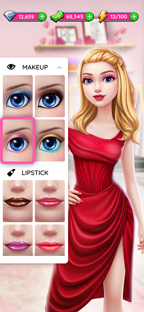A makeup selection menu in Super Stylist Fashion Makeover showing eyeshadow and lipstick options for a character in a red dress.
