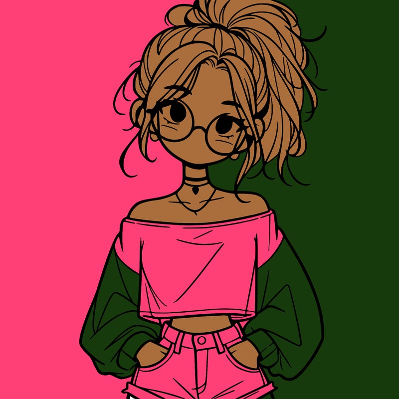 girl with a messy ponytail glasses a baggy crop top and jean shorts