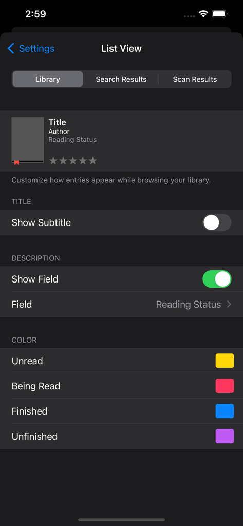 Settings screen for customizing the list view appearance and reading status colors in BookBuddy Pro