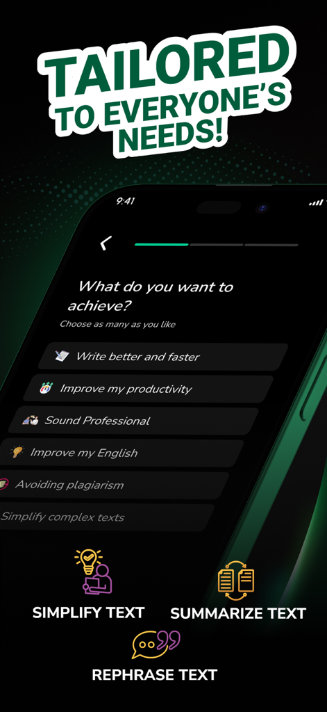 Paraphrase AI 앱에서 전문적으로 들리기 및 영어 향상과 같은 글쓰기 목표 옵션을 표시하는 휴대폰 화면입니다.