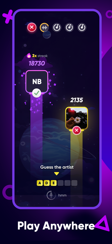 Mobile gameplay of Song Quiz within Volley Games showing a music artist guessing interface