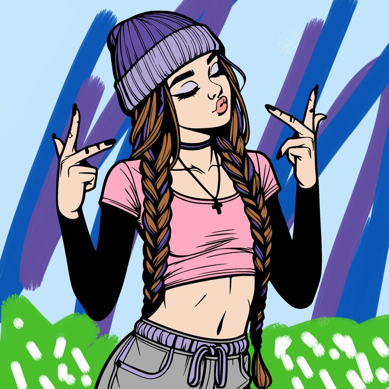 realistic teenage girl with braids and a beanie and crop top doing 🫶🏼