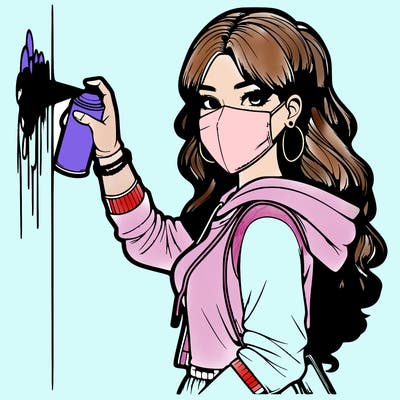 realistic girl with mask spray painting a wall