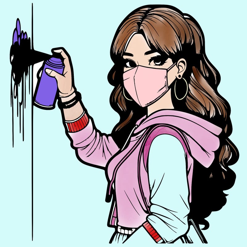 realistic girl with mask spray painting a wall