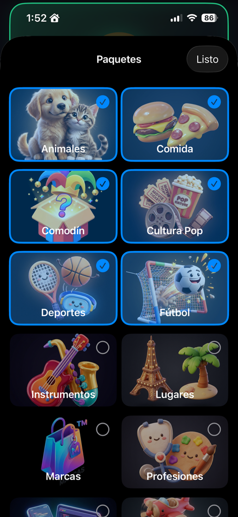 Undercover Agent - Impostor - A menu of game categories in the Undercover Agent - Impostor app featuring options like Animals, Food, Pop Culture, and Sports with colorful icons.
