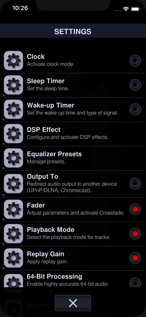 Tela de configurações do Neutron Music Player mostrando opções avançadas para efeitos DSP, processamento de 64 bits e saída de rede.