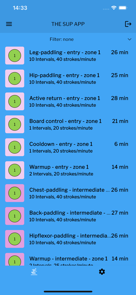 The Sup App - The Sup App에 있는 스탠드업 패들보드 운동 목록으로 운동 시간, 레벨 및 훈련 존 표시