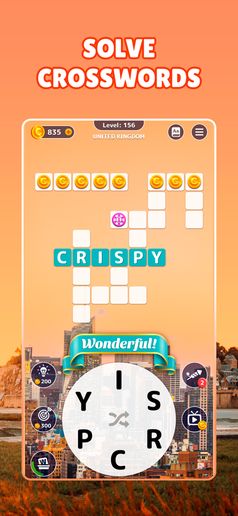 Word Maker - Puzzle Game - Una captura de pantalla de Word Maker Puzzle Game mostrando un nivel de crucigrama con un fondo temático de viajes por ciudades.