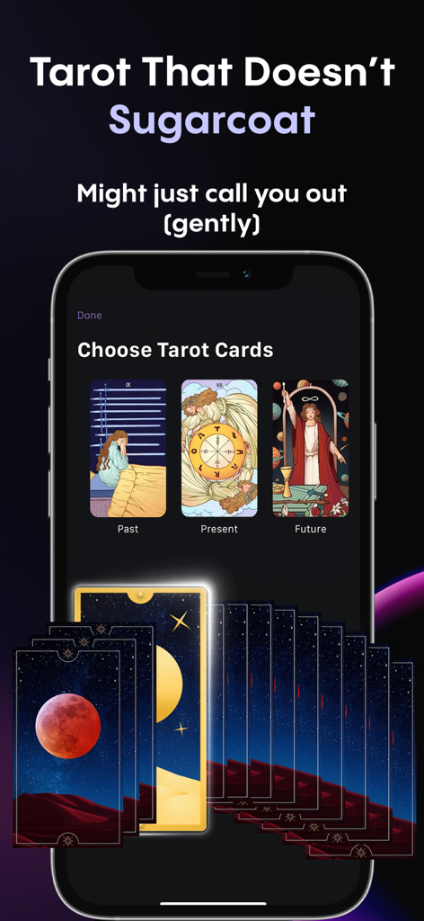 Faladdin: Tarot & Horoscopes - Faladdinアプリのインターフェースに、過去、現在、未来のリーディングのために3枚のタロットカードが選択されている様子が表示されています