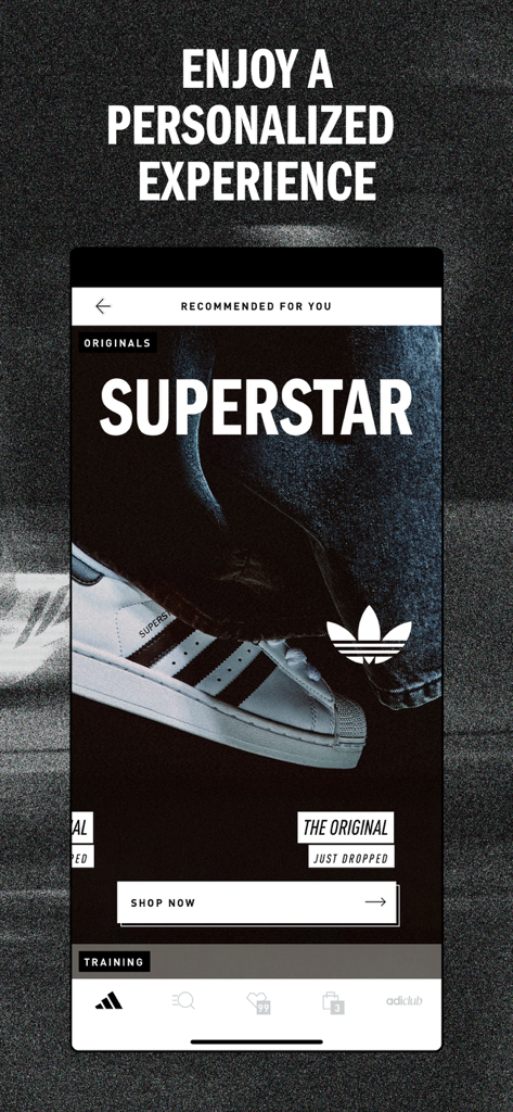 Adidas mobile app screen featuring personalized product recommendations for Superstar sneakers.