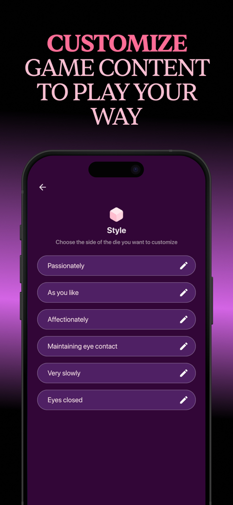 Fuego: Hot Spicy Couple Games - Ecrã de smartphone mostrando o menu de personalização de estilos de jogo na aplicação Fuego, incluindo opções como apaixonadamente e afetuosamente.