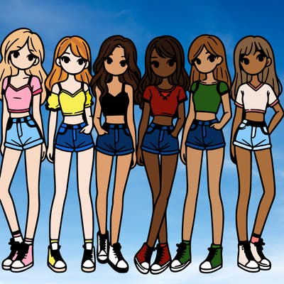 a group of girls wearing crop tops and shorts