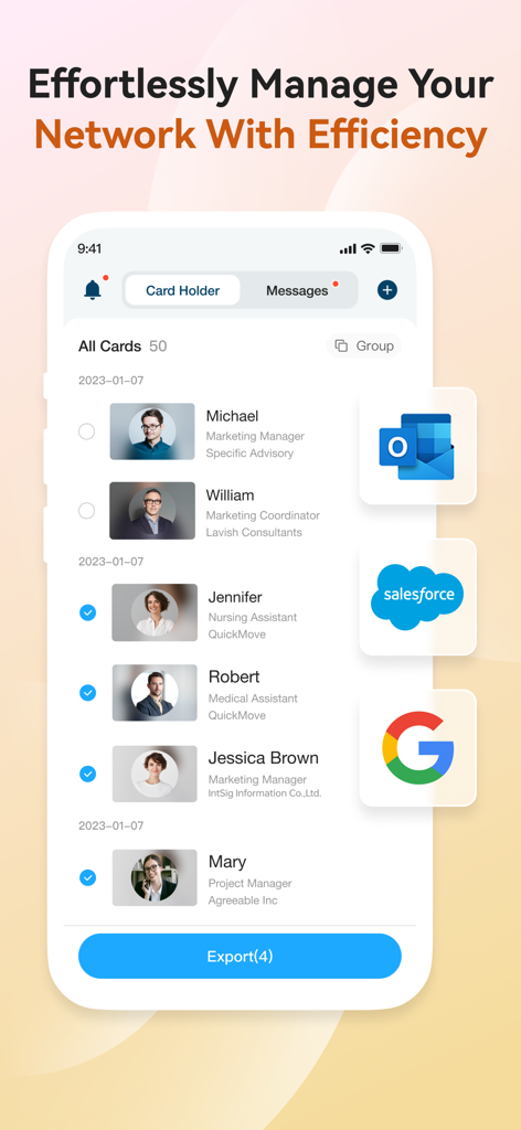 Mobile interface of CamCard app showing business card management and integrations with Salesforce Outlook and Google