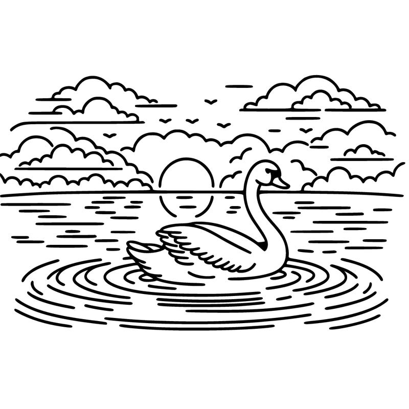 a swan gliding across a misty lake at dawn, with gentle ripples trailing behind. the swan's reflection is visible in the water, and there are dark clouds overhead hinting at an incoming storm.