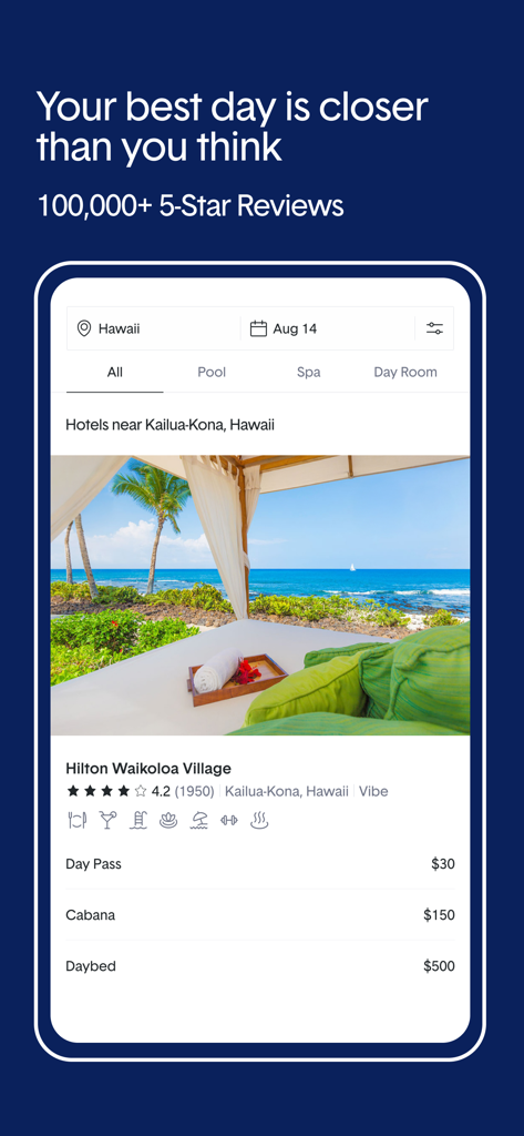 ResortPass - Interface de l'application ResortPass montrant la réservation de passes journaliers pour hôtels dans un complexe à Hawaï avec options piscine et spa.