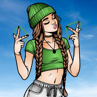 realistic teenage girl with braids and a beanie and crop top doing 🫶🏼