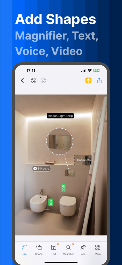MarkMaster-image meter measure - MarkMaster app screen showing photo annotations including measurements and text on a bathroom interior