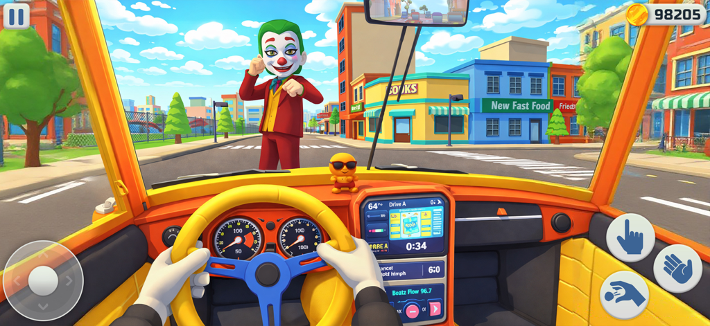 I Am Crazy Taxi Driving Game - First-person gameplay view from inside a taxi cab looking at a Joker character standing on a city street.
