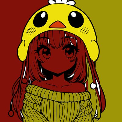 anime girl with chick shaped hat with sweater with bare shoulders with bangs covering them one eye with low tail