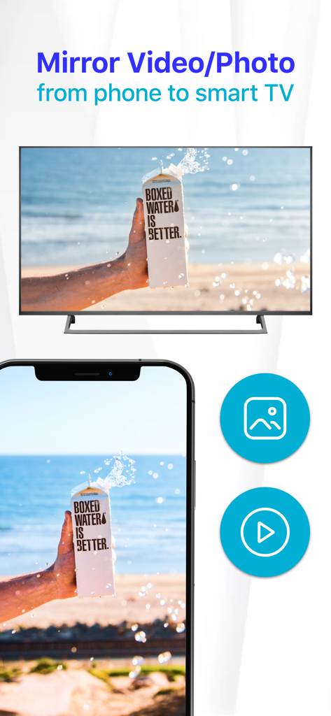 Cast to TV: Wireless display - Pantalla de iPhone duplicando un video de playa a un Smart TV