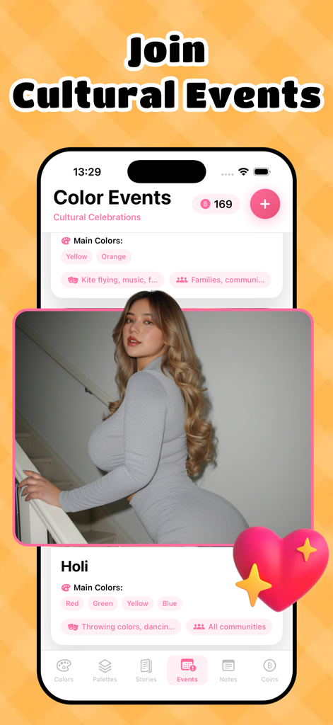 OMeet - Meet People Now & Chat - カラーテーマのお祝いや遺産の物語が表示される文化イベント参加画面を示すOMEetアプリインターフェース