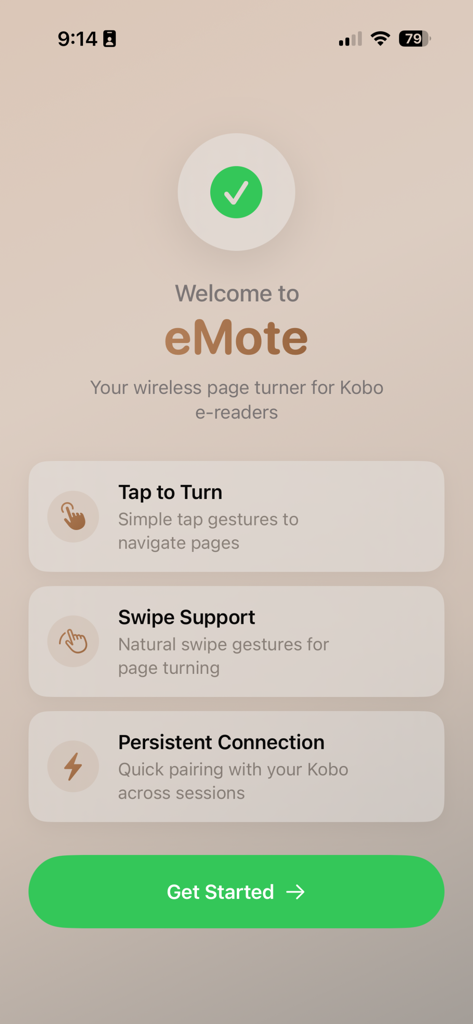 eMote - Pantalla de bienvenida de la aplicación eMote que muestra las funciones de paso de página inalámbrico para lectores Kobo