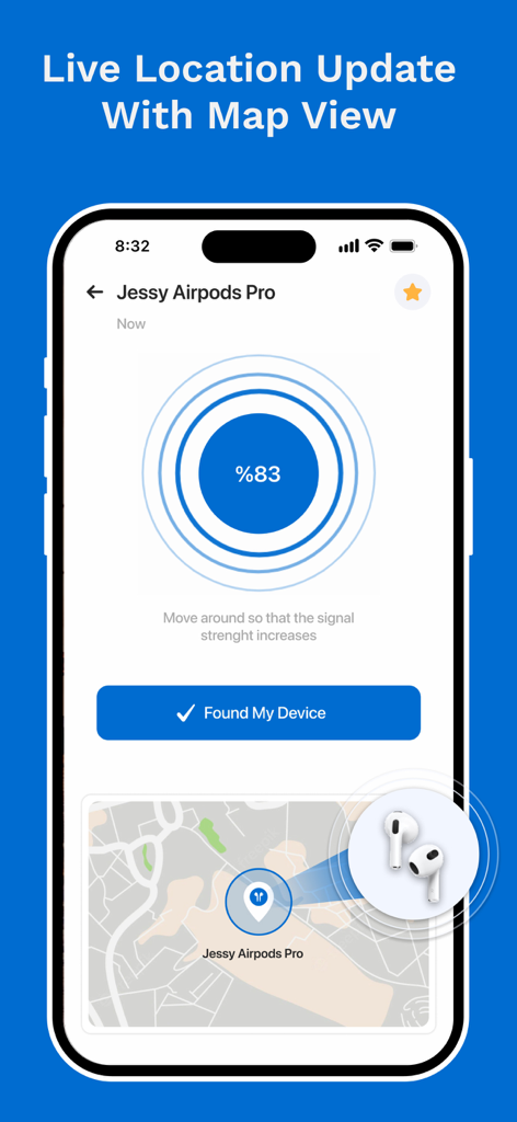 Proximity tracking interface and live map view for locating lost AirPods in the Find My Lost Earbuds app.