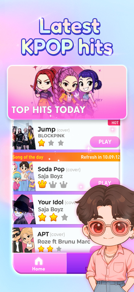 KPOP Piano Beat: Music Game - A tela de seleção de músicas em KPOP Piano Beat mostrando vários sucessos de K-Pop e personagens fofos em estilo anime.