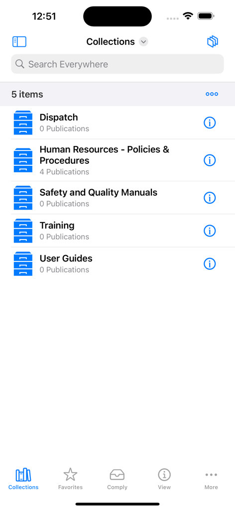 A mobile screen from the Comply365 app showing the Collections tab with folders for Dispatch, Human Resources, Safety Manuals, Training, and User Guides.