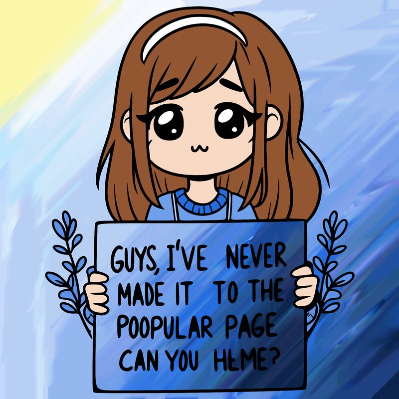a girl holding up a sign that says, guys, i’ve never made it to the popular page, can you help me?