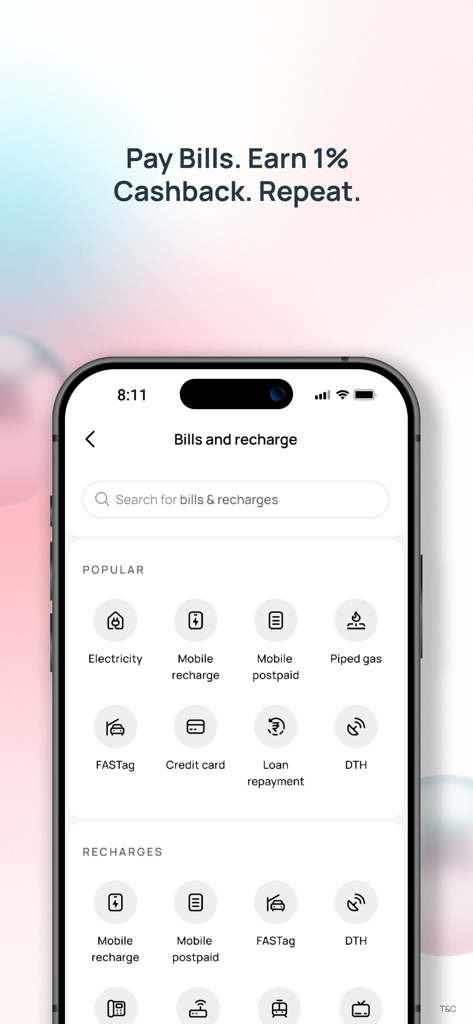 Kotak 811 mobile app interface for bill payments and recharges showing options for electricity, mobile, and credit cards.