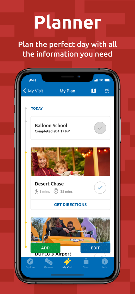 A mobile screen showing the LEGOLAND Windsor Resort app planner with a scheduled itinerary including ride wait times and walking directions