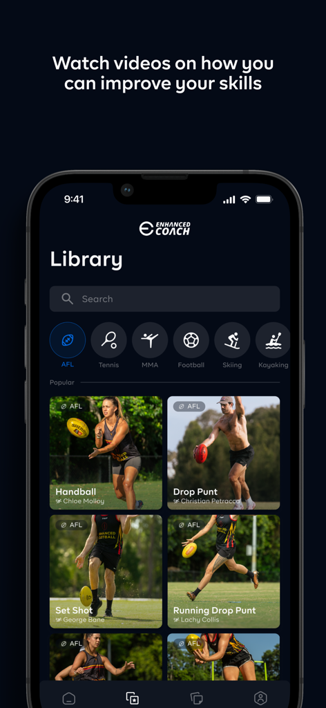 Enhanced Coach - Enhanced Coach mobile app showing the video library with sports categories like AFL, tennis, and MMA for skill improvement.