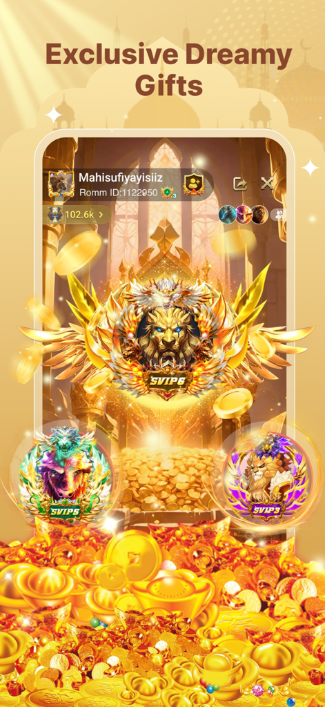 Hayuki - Travel,Chat,Share - Hayuki app interface for exclusive dreamy gifts with gold coins and SVIP badges