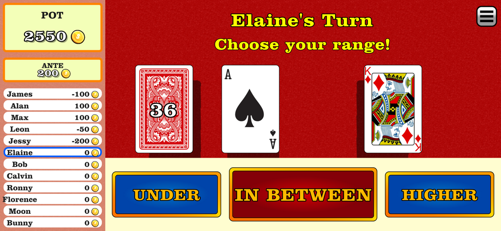 In Between: Numbers Card Game - In Between card game interface showing cards and betting options for Under, In Between, and Higher.