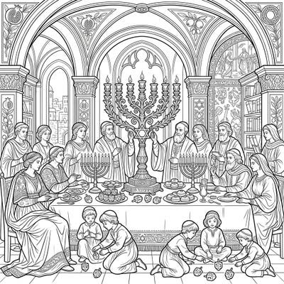 Step back in time to color a magnificent Hanukkah celebration, imagined through the grandeur of Renaissance art. This intricate coloring page captures the spirit of the Festival of Lights with classical elegance and heartwarming details.