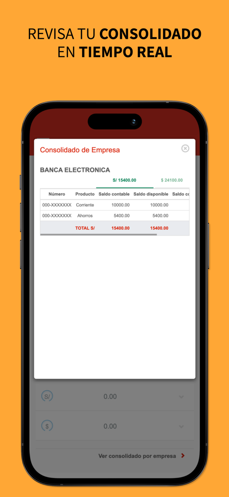 Telebanking móvil - Scotiabank - Captura de pantalla de la aplicación Banca Telefónica Móvil de Scotiabank mostrando saldos consolidados de cuentas de empresa en tiempo real
