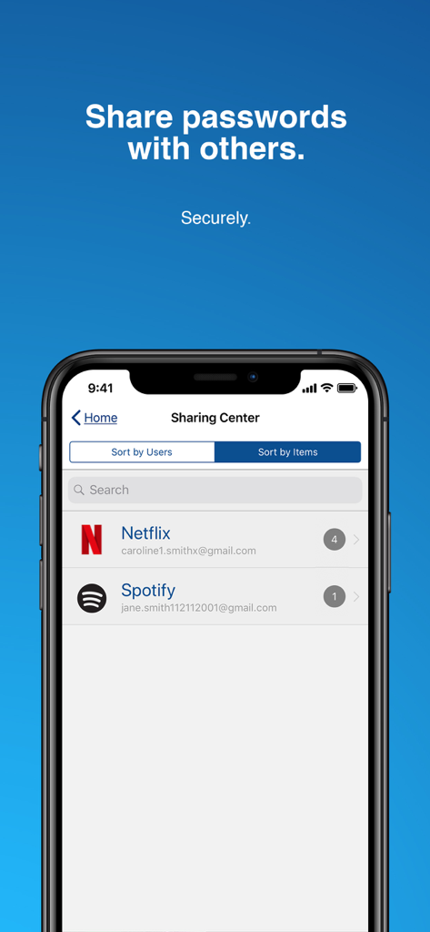 Interfaz de Sticky Password Manager que muestra la pantalla del Centro de Compartición para compartir contraseñas de forma segura.