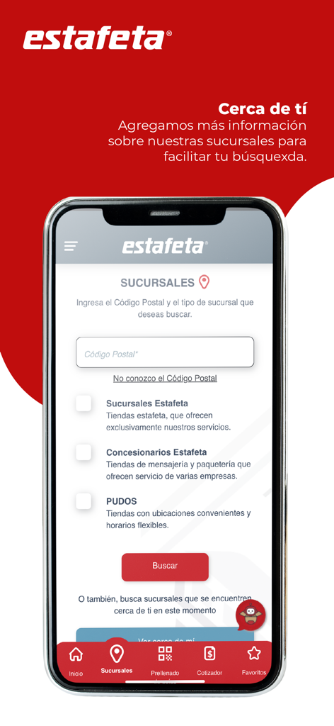 Tela do localizador de agências do aplicativo Estafeta mobile com campo de pesquisa de código postal e filtros de tipo de agência
