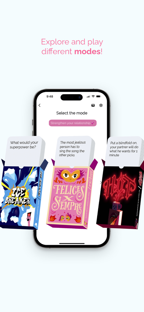 Duo: Game for couples - Interface of the Duo app displaying different card game modes for couples including Ice Breaker and Hot