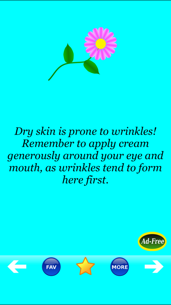 Beauty Secrets, Tips For Women - Beauty Secrets app screen providing a tip for dry skin and wrinkle prevention.