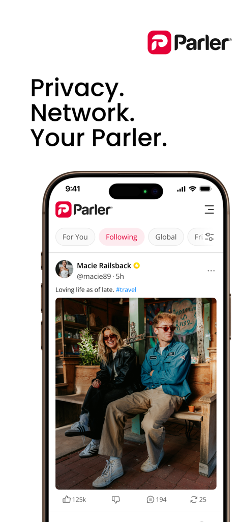 A smartphone displaying the Parler app interface with a social media post and engagement metrics