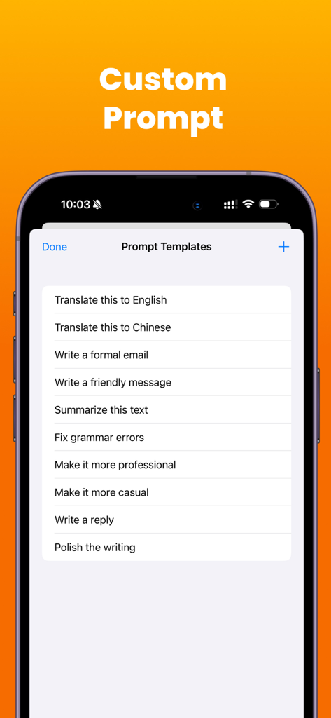 PrivAI LLM - Local AI Chat - Um menu de modelos de prompt de IA pré-construídos no aplicativo PrivAI para tradução, redação de e-mails e resumo de texto.