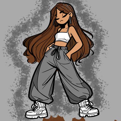 girl in baggy pants crop top and long hair
