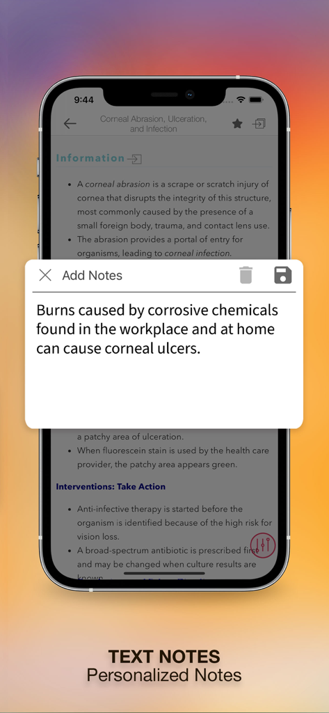 Captura de pantalla de la aplicación Med-Surg Nursing Clinical Comp que muestra la función de notas de texto personalizadas en una página de afección médica