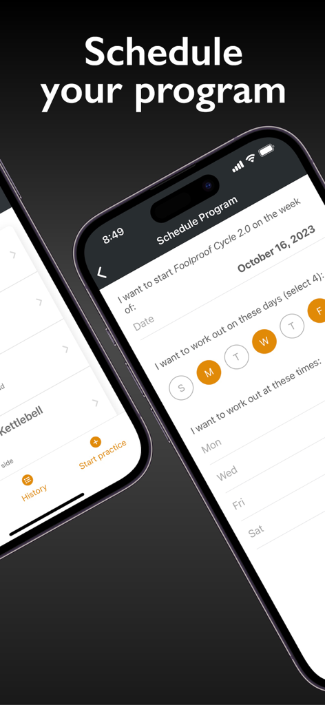 StrongFirst - StrongFirst app screen showing how to schedule a strength training program and select workout days