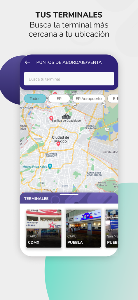 Capture d'écran de l'application Estrella Roja montrant une carte avec les emplacements des gares routières à Mexico et Puebla.