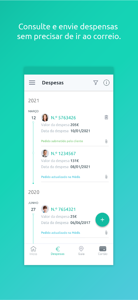 Interface digital do aplicativo Médis exibindo um histórico de sinistros de seguro de saúde e reembolsos