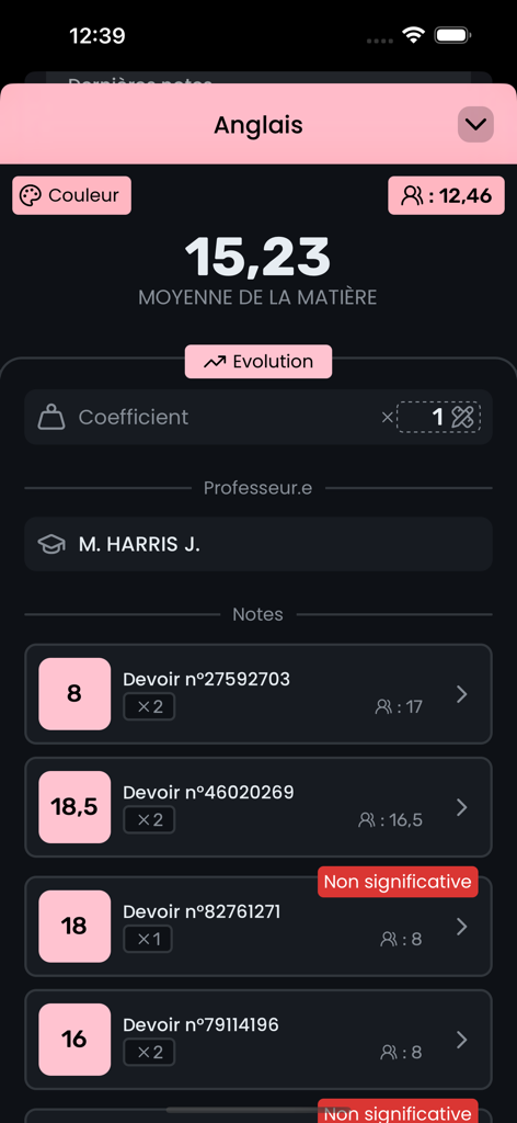 MoyennesED - A detailed view of the English subject average and individual test grades within the MoyennesED app.
